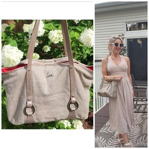 Christian Louboutin Neutral Beige Canvas Tote with Red Interior Trim